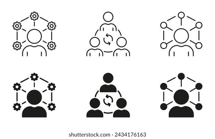 Efficient Person At Work Line and Silhouette Icon Set. Development, Productivity Pictogram. Employee Training Symbol. Optimize Job Processes, Flexibility Skills. Isolated Vector Illustration.