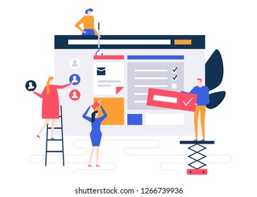 Efficient planning - flat design style colorful illustration on white background. A composition with male, female colleagues, business team forming check lists for the company. Task management concept