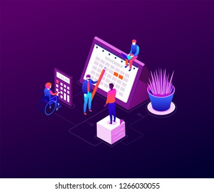 Efficient planning - modern colorful isometric vector illustration on purple background. A composition with business team, male, female colleagues, standing next to a big calendar, plant, calculator
