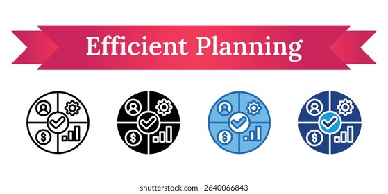 Efficient Planning Multi Style Icon - Circle chart with gear, user, money, and bar graph indicating effective strategic and resource planning