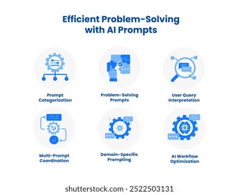 Resolução eficiente de problemas com os prompts de IA. Ícones incluídos: Categorização de Prompt, Prompts de Resolução de Problemas, Interpretação de Consulta de Usuário, Prompting Específico de Domínio, Otimização de Fluxo de Trabalho de IA e muito mais.