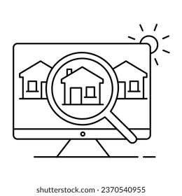 Efficient Property Search, House Discovery. The home search icon with a computer screen, three houses, and a magnifying glass on the center house signifies efficient property searching.