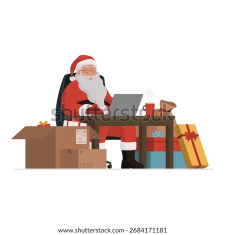 Efficient Santa Claus sitting at his desk and working with a laptop, he is receiving and delivering Christmas gifts
