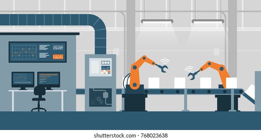 Efficient smart factory with robots, computers and assembly line: industry 4.0 concept