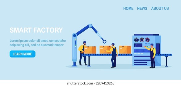 Efficient smart factory with workers, robotic arm, assembly lines. Manufacturing process, industry production. Operator controls conveyor automatic production line with boxes, high tech machinery