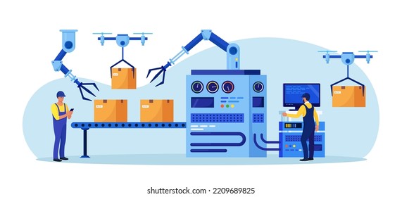 Efficient smart factory with workers, robotic arm, assembly lines. Manufacturing process, industry production. Operator controls conveyor automatic production line with boxes, high tech machinery