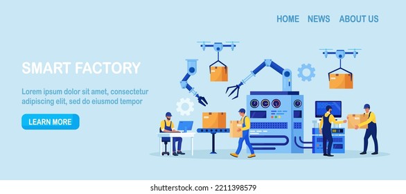 Fábrica inteligente eficiente con trabajadores, brazo robótico, líneas de montaje. Proceso de fabricación, producción industrial. El operador controla la línea de producción automática del transportador con cajas, maquinaria de alta tecnología