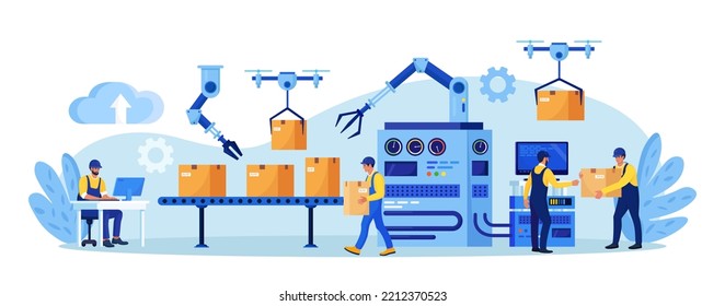 Efficient smart factory with workers, robotic arm, assembly lines. Manufacturing process, industry production. Operator controls conveyor automatic production line with boxes, high tech machinery