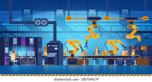 Efficient Smart Factory With Workers, Robots And Assembly Line, Industry 4.0 And Technology Concept Vector Illustration