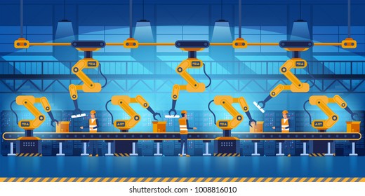 Efficient smart factory with workers, robots and assembly line, industry 4.0 and technology concept Vector illustration