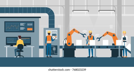 Efficient smart factory with workers, robots and assembly line, industry 4.0 and technology concept