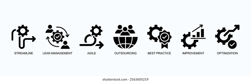 Efficient Strategies Icon Set Isolated Vector Illustration Concept With Icon Of Streamline, Lean Management, Agile, Outsourcing, Best Practice, Improvement, Optimization In Glyph Style