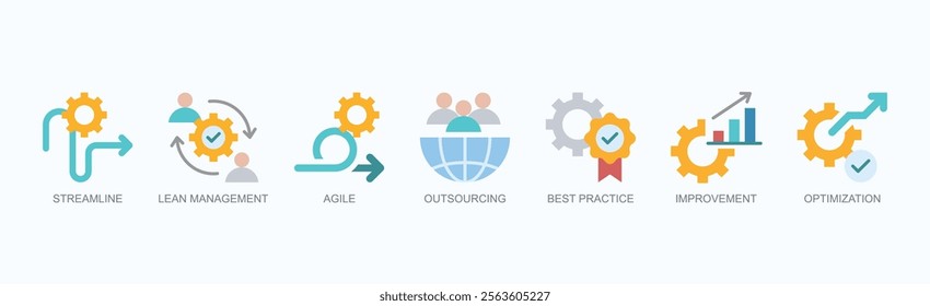 Efficient Strategies Icon Set Isolated Vector Illustration Concept With Icon Of Streamline, Lean Management, Agile, Outsourcing, Best Practice, Improvement, Optimization In Flat Style