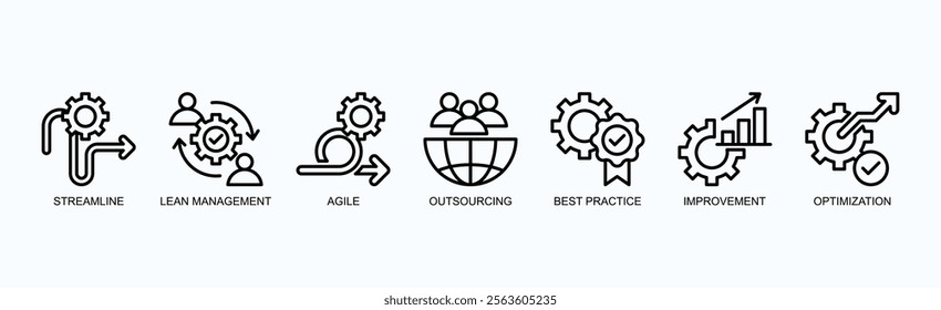 Efficient Strategies Icon Set Isolated Vector Illustration Concept With Icon Of Streamline, Lean Management, Agile, Outsourcing, Best Practice, Improvement, Optimization In Outline Style