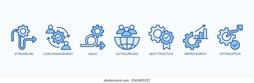 Efficient Strategies Icon Set Isolated Vector Illustration Concept With Icon Of Streamline, Lean Management, Agile, Outsourcing, Best Practice, Improvement, Optimization In Blue Style