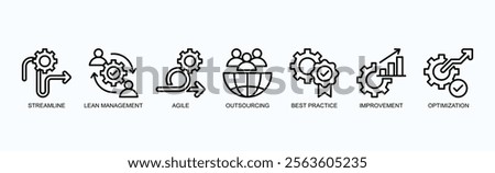 Efficient Strategies Icon Set Isolated Vector Illustration Concept With Icon Of Streamline, Lean Management, Agile, Outsourcing, Best Practice, Improvement, Optimization In Outline Style