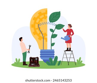 Efficient sustainable solution, digital technology for tech innovation and environment protection. Tiny people with watering can grow green sprout inside bright light bulb cartoon vector illustration