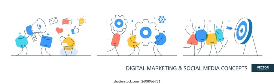 Efficient system illustrations set in thin line style. Company process abstract linear vector design concepts. Organizational support flat icons. Tiny geometric people team.