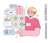 Efficient task management concept. Young man with a structured board, checking off to-do items, evaluating graphs, and setting reminders. Decision making and priorities. Flat vector illustration