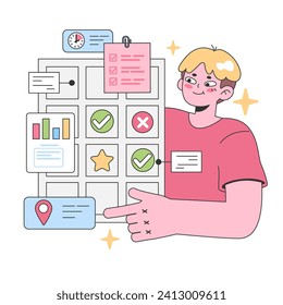 Efficient task management concept. Young man with a structured board, checking off to-do items, evaluating graphs, and setting reminders. Decision making and priorities. Flat vector illustration