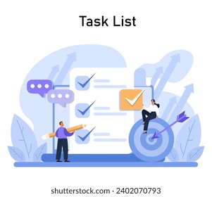 Efficient team streamlining tasks, with a giant checklist backdrop, clear communication bubbles, and a target-aim focus. Simplifying complex workflows. Flat vector.