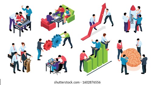 Efficient teamwork elements isometric set with brainstorm solving problems together  startup common goal productivity growth vector illustration 
