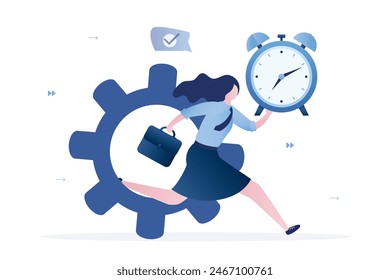 Tiempo eficiente, concepto. Una empresaria segura de sí misma se queda sin Grande equipo. La gerente femenina inteligente sostiene el reloj despertador en la mano. Eficiencia en los negocios, productividad laboral. Ilustración vectorial plana