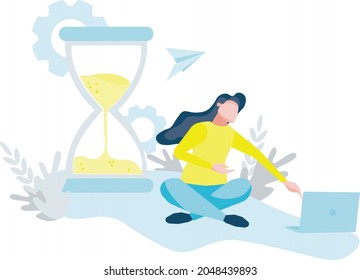 Concepto eficiente de gestión del tiempo. Mujer con la parte superior del regazo. Planificación y control de la gestión del tiempo para una ilustración vectorial de composición plana rentable y eficiente para el negocio