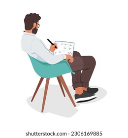 Efficient Time Management Vector Concept. Man Plans Schedule, Sitting On Chair, Maximizing Productivity, Prioritizing Tasks, And Optimizing Time Allocation For Enhanced Organization And Productivity