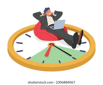 Concepto de vectores de administración de tiempo eficiente con un hombre relajado que descansa sobre un reloj gigante con portátil simboliza una planificación y organización eficaces, maximizando la productividad y logrando un estilo de vida equilibrado