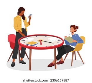 Efficient Time Management. Women Characters Seated At Giant Clock Table, Multitasking With Smartphone And Papers, Balancing Priorities And Maximizing Productivity. Cartoon People Vector Illustration