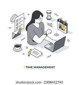 Efficient time management for work and life. A woman checks her schedule while planning tasks on a laptop. Productivity concept. Isometric linear illustration