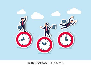 Efficient time use, meet deadlines, enhance productivity concept, businessmen riding rolling clock face with confidence skillful man in the middle success manage to reach target