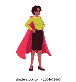 Efficient top manager semi flat RGB color vector illustration. Office worker in superwoman red cape isolated cartoon character on white background. Professional skills and superpowers concept