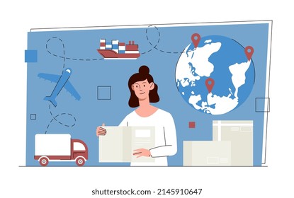 Efficient transportation concept. Female manager engaged in cargo and goods delivery and logistics. Global transportation companies with aircraft, truck and ship. Cartoon flat vector illustration