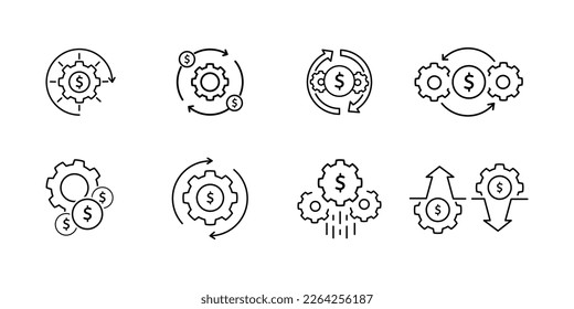 Uso eficiente de fondos o conjunto de iconos de gestión de dinero. tendencia de línea delgada moderna tecnología de aleta o lootipo de capital diseño lineal gráfico aislado en blanco. concepto de optimización y reducción de costes o ingresos