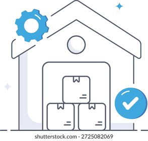 Efficient warehouse management system with cardboard boxes gears and checkmark symbols for logistics processing in a modern isometric flat vector illustration.