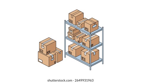 Solução eficiente de armazenamento de depósito usando caixas de papelão em prateleiras de metal industrial para gerenciamento de estoque