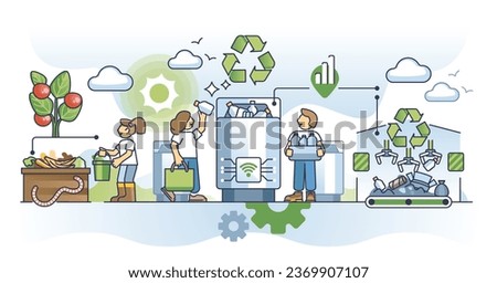 Efficient waste and garbage management for better tomorrow outline concept. Trash collection, separation and recycling as nature friendly and sustainable system for environment vector illustration.