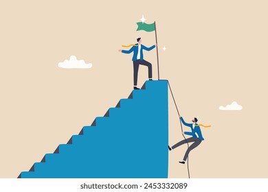 Efficient way to win business competition, productive or effectiveness work, smart easy way to reach goal, better clever solution concept, businessman winner walk up stair to win business competition.