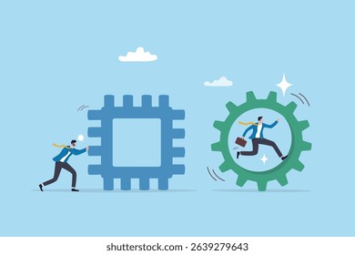 Efficient way to win business, creativity or effort to improvement, solution or challenge to overcome, progress or productive concept, businessman riding circle cogwheel to win business competition.