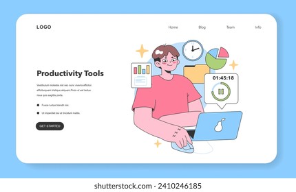 Efficient work concept. Young professional using laptop, surrounded by charts, graphs, and a clock, focusing on task and tracking time. Seamless productivity in action. Flat vector illustration