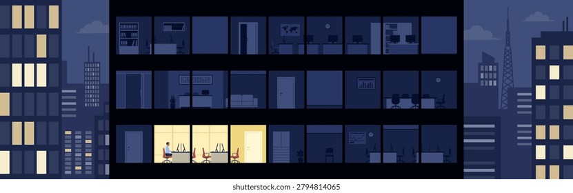 Efficient workaholic company employee working alone late at night in the office, corporate building facade