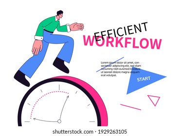 Efficient workflow - modern colorful line design style web banner with copy space for text. Time management, planning and business success idea. A composition with a businessman running on a clock