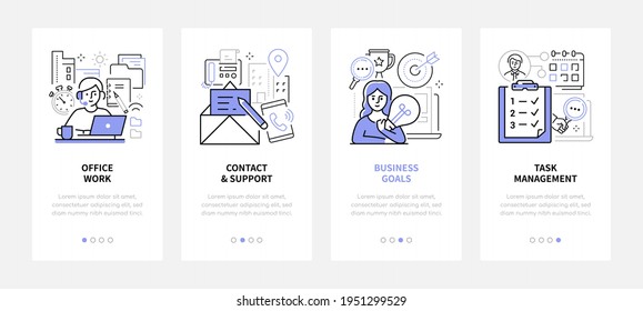 Efficient workflow - modern line design style web banners with copy space for text. Planning and communication. Office work, contact and technical support, goals, task management carousel posts