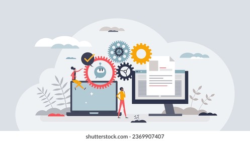 Efficient workflow and productive work with automation tiny person concept. Work flow efficiency with AI management and process control vector illustration. Dynamic project leadership organization.