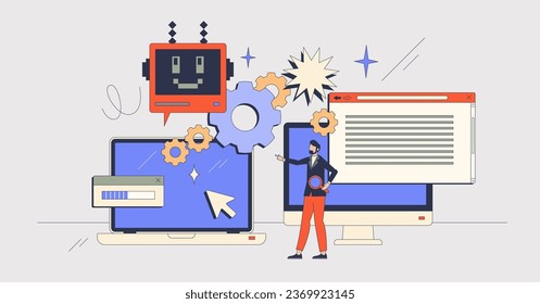 Efficient workflow and productive work organization retro tiny person concept. Technology automation process with digital tech solutions vector illustration. Leader for process control and handling.
