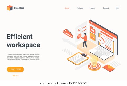 Efficient workplace management isometric vector illustration. Cartoon 3d workspace business optimization, workflow process efficiency with tiny manager character working in office landing page