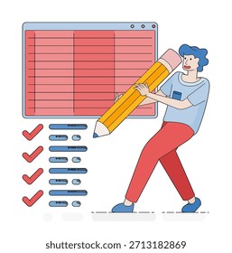 Local de trabalho eficiente dos funcionários preenchendo listas de verificação detalhadas e revisando relatórios de pesquisas de planilhas da empresa. As ilustrações em desenhos animados podem ser usadas para cartazes, sites, panfletos e anúncios em banners