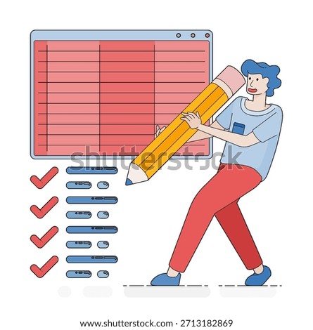 Efficient workplace scene of employees completing detailed checklists and reviewing company spreadsheet survey reports. Cartoon illustrations can be used for posters, websites, flyers and banner ads